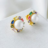 Candy Shop Pearl Multi Crystal Halo Gold Stud Earrings