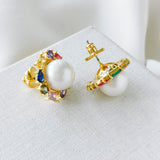 Candy Shop Pearl Multi Crystal Halo Gold Stud Earrings