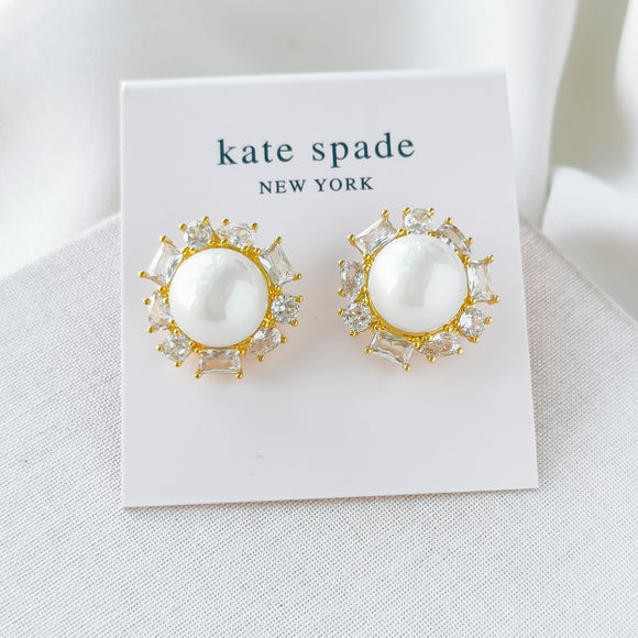 Candy Shop Pearl Clear Crystal Halo Gold Stud Earrings