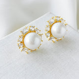 Candy Shop Pearl Clear Crystal Halo Gold Stud Earrings