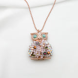 Betsey Johnson Resplendent Exotic Colorful Gemstones Rose Gold owl Pendant Necklace