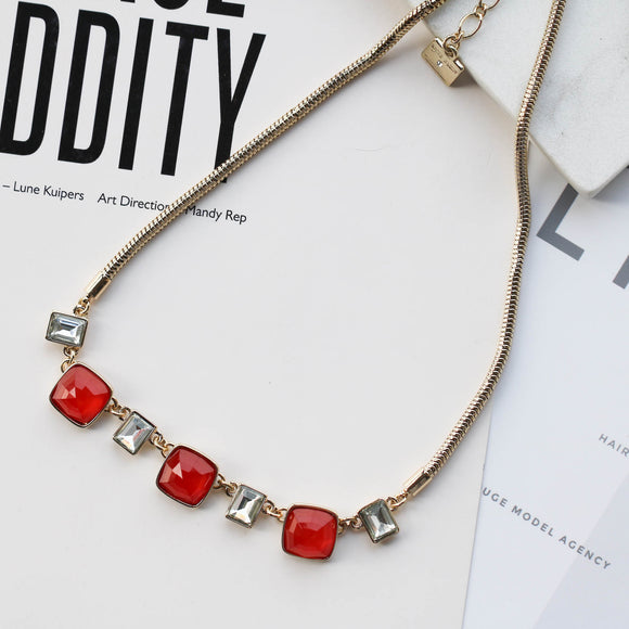 Bright Red Squares and Crystal necklace
