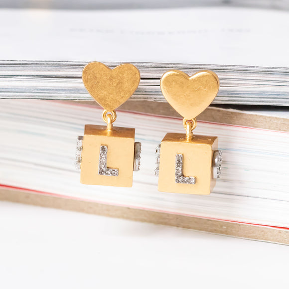 Love Message Cube Drop Earrings In Vintage Gold