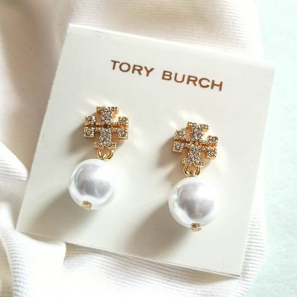 Women's Gold Crystal Logo Pearl Drop Earrings
