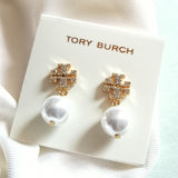 Women's Gold Crystal Logo Pearl Drop Earrings