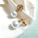 Women's Gold Crystal Logo Pearl Drop Earrings